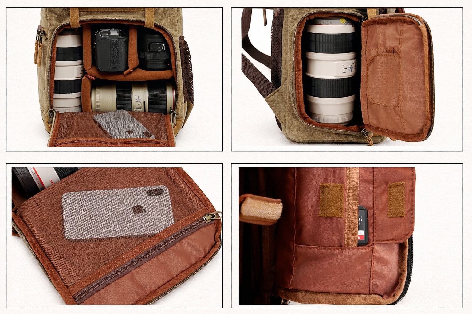 Khaki Camera Backpack Water Resistant Outdoor Travel Bag for DSLR Lenses and 15 Inch Laptop