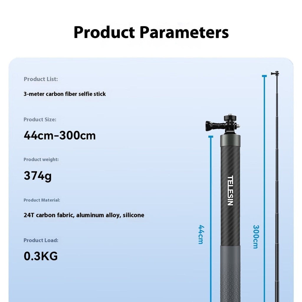 3 Meter Carbon Fiber Selfie Stick Ultra Long Reach Lightweight for Camera and Smartphone