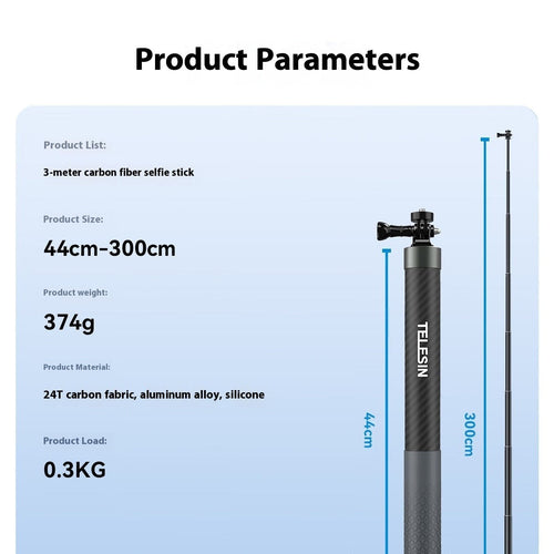 3 Meter Carbon Fiber Selfie Stick Ultra Long Reach Lightweight for Camera and Smartphone