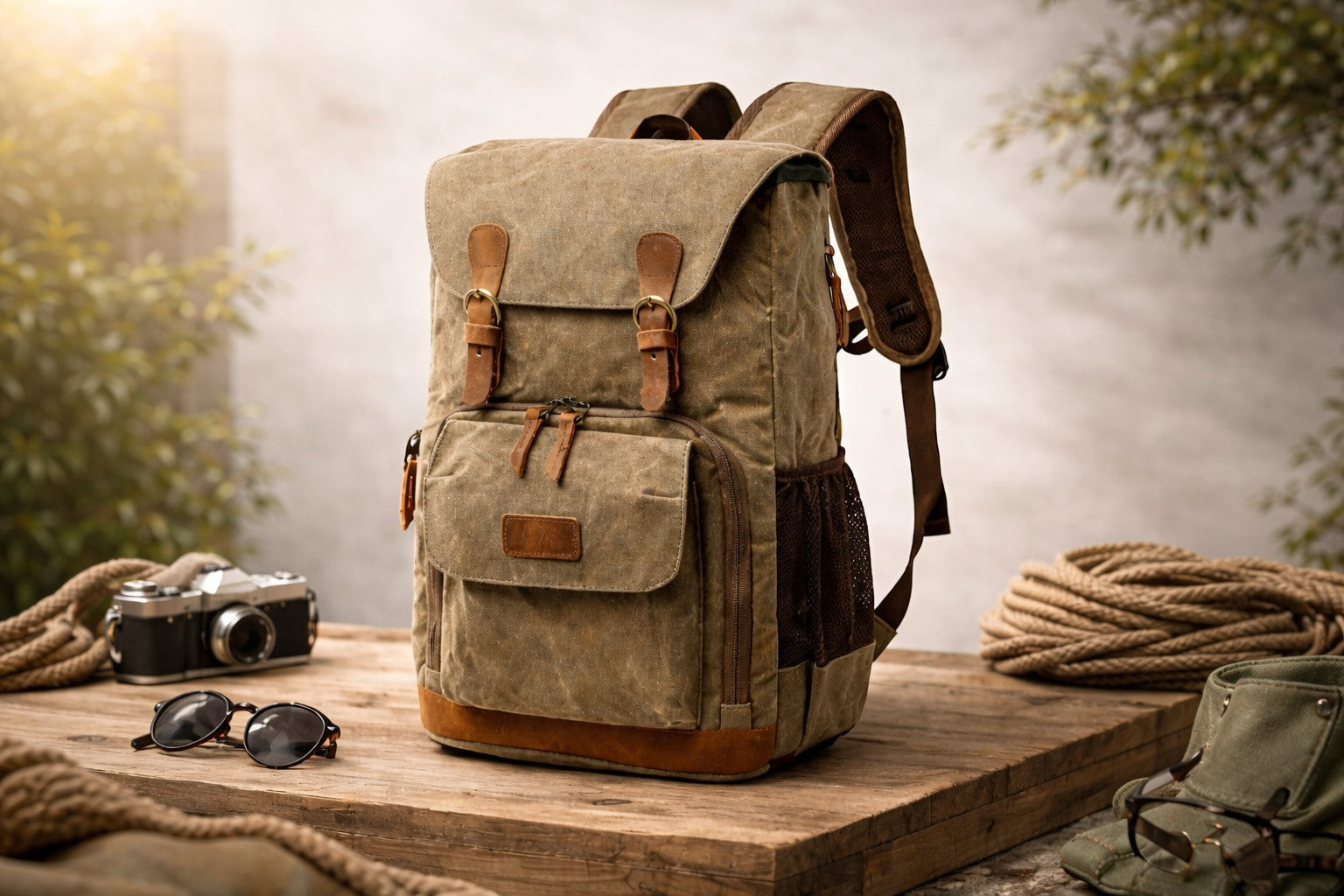 VD Focus Gear khaki waterproof canvas camera backpack with leather accents, side mesh pocket, and adjustable straps. Ideal for DSLR and travel.
