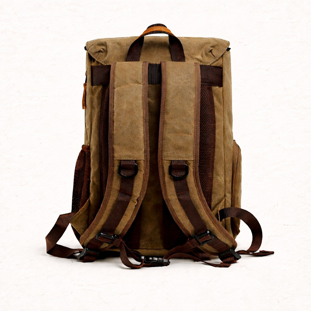 VD Focus Gear khaki waterproof cotton camera backpack with padded straps and laptop compartment, ideal for travel and DSLR photography.